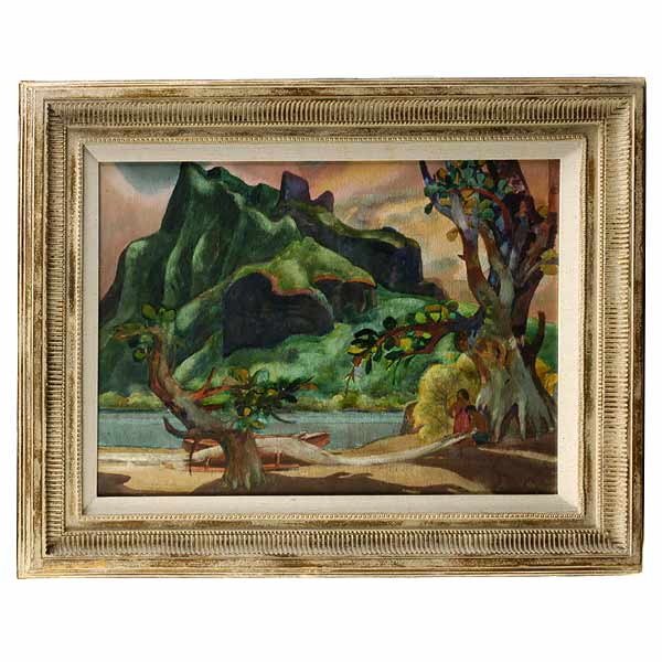 CALIFORNIA ART, MILLARD SHEETS 1977 LANDSCAPE: Millard Owen Sheets. Californian, 1907 - 1989. Mending Nets, Cook Bay Moorea. Watercolor on Paper. Sight: 21 1/2 x 29 1/2 Inches. (54.61 x 74.93 cm). Signed and Dated l/l: Millard Sheets, 1977. Titled