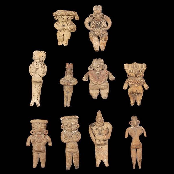 10 PRE-COLUMBIAN MINIs FROM MICHOACAN MEXICO: TEN MICHOACAN FIGURES. Assorted styles, one an unusal male with genitals exposed beneath protruding belly; two semi-seated; two in long skirts, one holding the body of an infant; all buff to beige col
