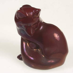 Zsolnay figure of fox: Zsolnay Red Flambe Art Pottery Miniature Figure of A Fox, with Zsolnay building jubileum 150 years mark {height 3 3/4 inches} [overall good condition]