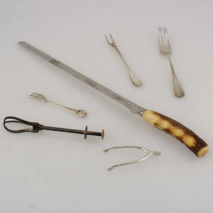 Sterling Flatware Grouping: Sterling Flatware Grouping comprising a novelty wishbone, condiment picker, three assorted forks and a knife marked Robert F. Mosely [wishbone is damaged]