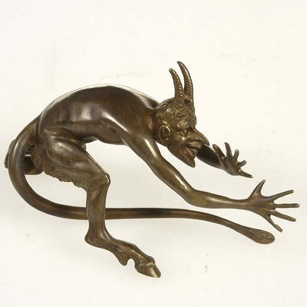 Renaissance Style Erotic Brass Devil: Renaissance Style Erotic Brass Figure of The Devil , cast as horned and hoof footed satyr, bent with hands poised in front, the tail bent in front, with male anatomically correct sex organs {height 3