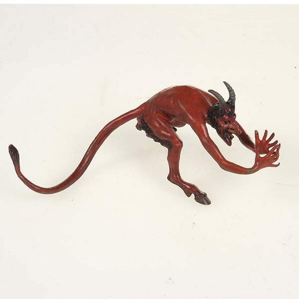 Renaissance Style Erotic Devil Figure: Renaissance Style Erotic Polychromed Figure of The Devil , cast as horned and hoof footed satyr, bent with hands poised in front, the tail behind, with male anatomically correct sex organs {height 2 3