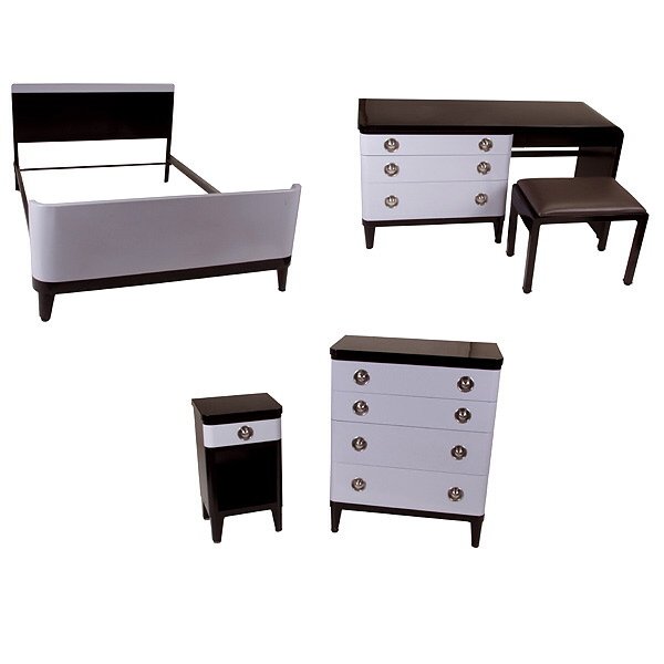 Norman Bel Geddes Art Deco Furniture: Art Deco Bedroom Suite, Norman Bel Geddes, Simmons Furniture, Comprising; a bed, dresser, desk, small bench and end table; bearing label Simmons Furniture, Second Quarter 20th Century {Good condition}