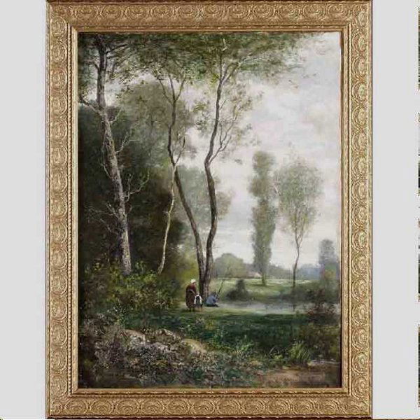 Georges Lacombe, The Fishing Party: Laure Lacombe French 1834-1923 The Fishing Party, 1876 Oil on canvas 26 x 19 1/2 inches Signed and dated lower left, ' L. Lacombe 1876 In good condition, with old repairs to original canvas in the low