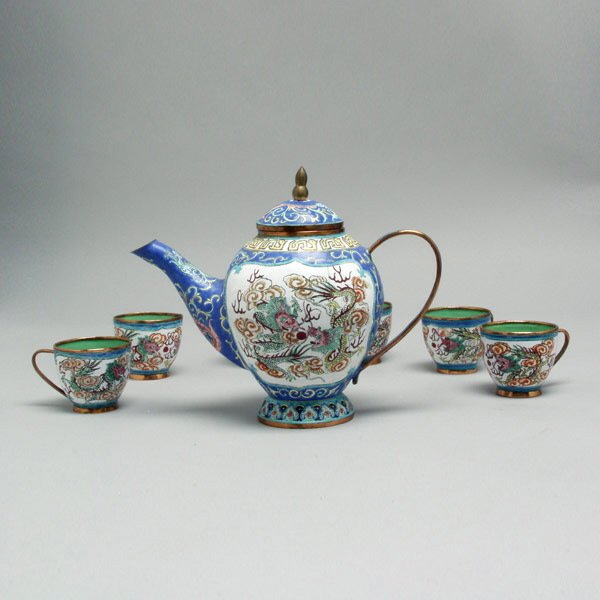 Canton Enamel Metal Teapot and 6Tea Cups