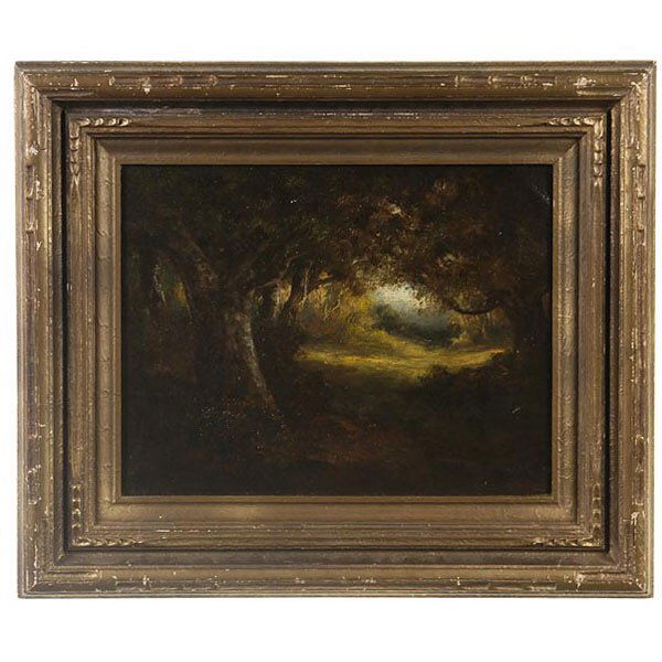 Style of William Keith, Landscape California Art: In the Style of William Keith. California, 1839 - 1911. Sunlight meadow through a Wooded landscape. Oil on Canvas. 14 x 18 Inches. Bears two signatures l/r: R. M. Jones / W. Keith. In good condition,