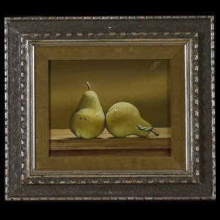 Anton Van Dalen. 20th C Dutch Art Still Life: Anton Van Dalen. 20th Century Dutch. Still Life of Two Pears. Oil on Masonite. {8 x 10 Inches}. Signed with Monograph u/r: AV. (In extremely good condition).