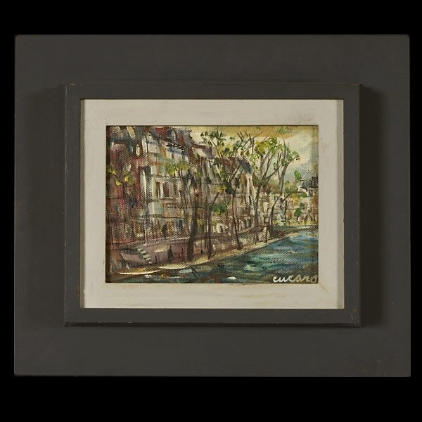 Pascal Cucaro American Art, View of the Siene: Pascal Cucaro. American, b. 1915. View of the Siene. Oil on Masonite. {9 x 12 Inches}. Signed l/r: Cucaro. (In good condition, light surface soiling),