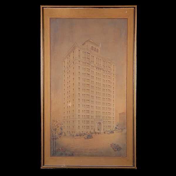 Architecture drawing, Nob Hill Apt. SF.: Weeks and Day, Architecture and Engineering Co. Nob Hill, San Francisco Apt. Building. Pencil Watercolor and Gouache on Paper, laid down on Board. Image: 51 x 28 Inches (129.54 x 71.12 cm) Signed by c