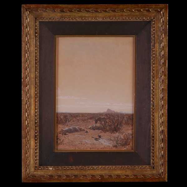 Maynard Dixon, Desert Campsite.: Maynard Lafayette Dixon American 1875 - 1946. Desert Campsite at Sunrise. Pencil, Watercolor and Gouache on Paper Board. 11 1/2 x 8 Inches (29.21 x 20.32 cm). Signed and Dedicated l/c: For Dumis, From