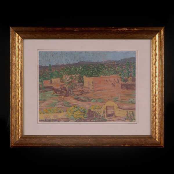 Eva Springer, Taos, NM: Eva Springer American 1882 - 1964. Taos, New Mexico. Tempera on Pressed Board. 8 3/4 x 12 Inches (22.23 x 30.48 cm). Signed l/l: E Springer. In good condition, lower left corner has been repaired, tea