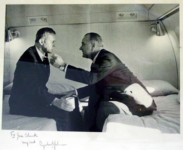 Lyndon B. Johnson Signed Photograph: Lyndon Johnson Signed Photograph. Black and white depicting President Johnson and Joseph S. Clark on Air Force One, signed "To Joe Clark My Best Lyndon B. Johnson", verso with black and white "The Joh