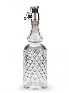 A Glass & Silver Decanter By Hukin and Heath: England circa 1900, stamped Hukin & Heath, an unusual cut glass decanter decorated with bands of diamond facets, with a lockable silver stopper, 29.2cm high The silversmith firm was established in Bir