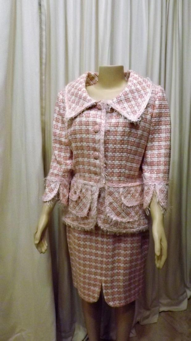 Chanel Pink and White Tweed Skirt Suit, Size 46 Euro,: Chanel Pink and White Tweed Skirt Suit, Size 46 Euro, 3/4 Sleeves