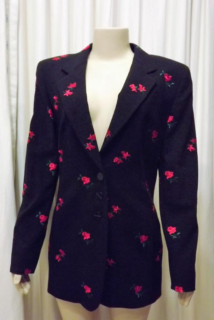 Escada Black Wool Jacket (Size 40) and Sweater Set: Escada Black Wool Jacket (Size 40) and Sweater Set (Size 42) with Rose Embroidery, 96% wool