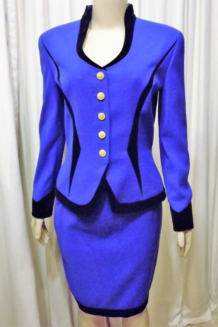 Escada Royal Blue Skirt Suit with Black Velvet Accents: Escada Royal Blue Skirt Suit with Black Velvet Accents German 38