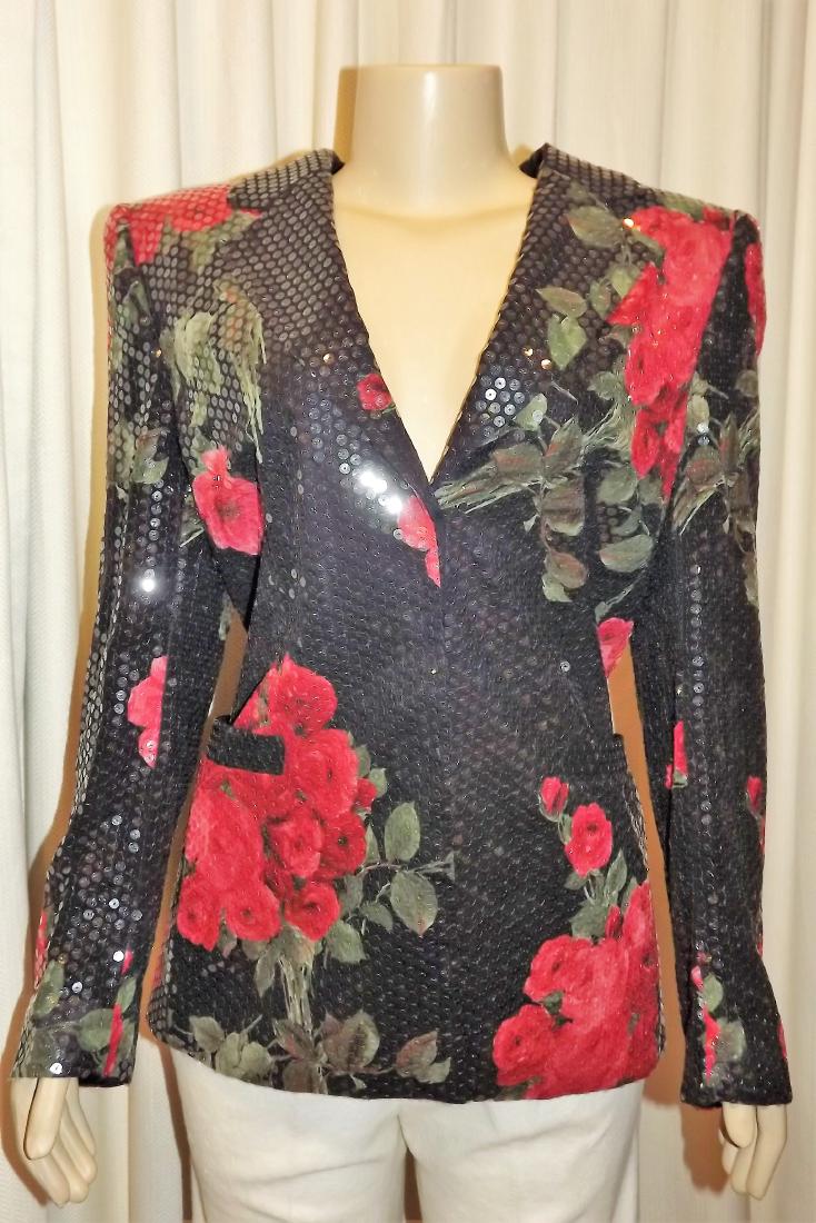Escada Sequined Jacket with Rose Print Size 40: Escada Sequined Jacket with Rose Print Size 40