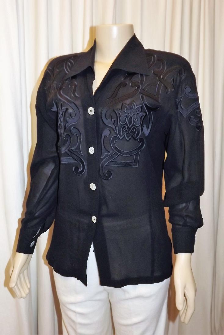 Escada 100% silk Navy Blue Blouse, Sheer, with: Escada 100% silk Navy Blue Blouse, Sheer, with Embroidery, Size 36