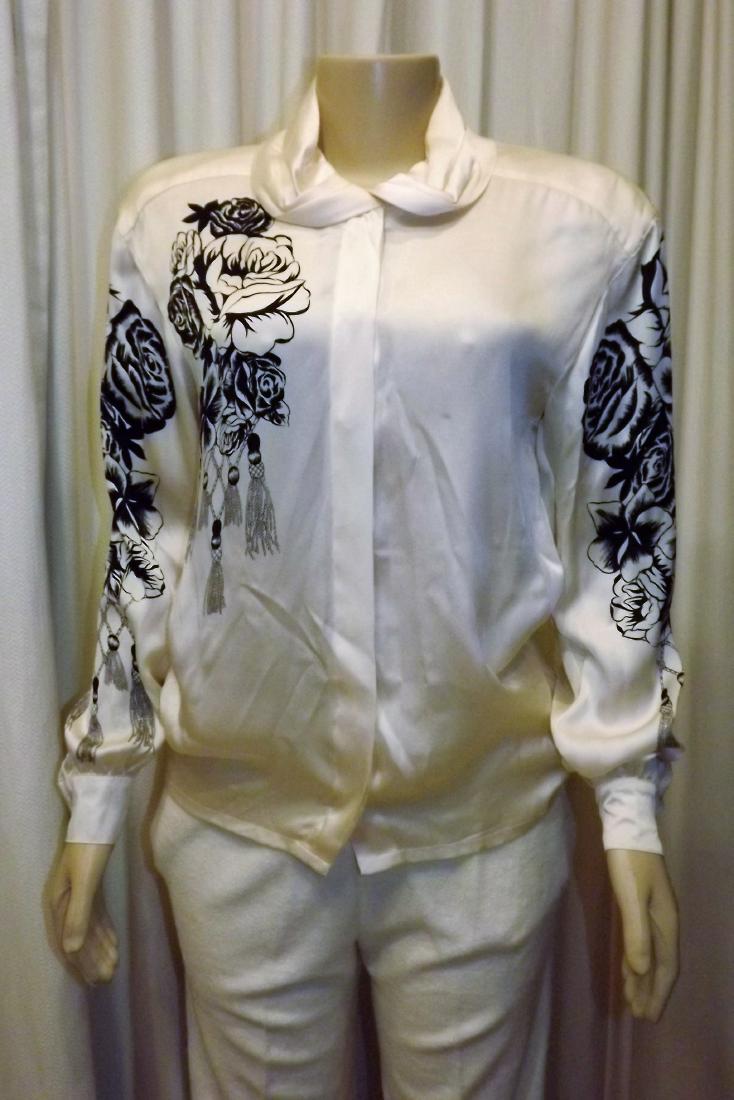 Escada 100% Silk Blouse, Size 34, Black Flower and: Escada 100% Silk Blouse, Size 34, Black Flower and Tassle Print