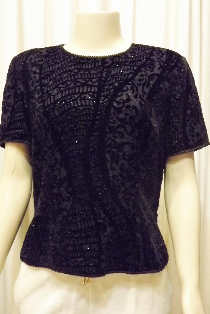 Black Tie by Oleg Cassini Rayon and Silk Blouse, Black,: Black Tie by Oleg Cassini Rayon and Silk Blouse, Black, Short Sleeves with Sequins, Zipper Back, Size 14