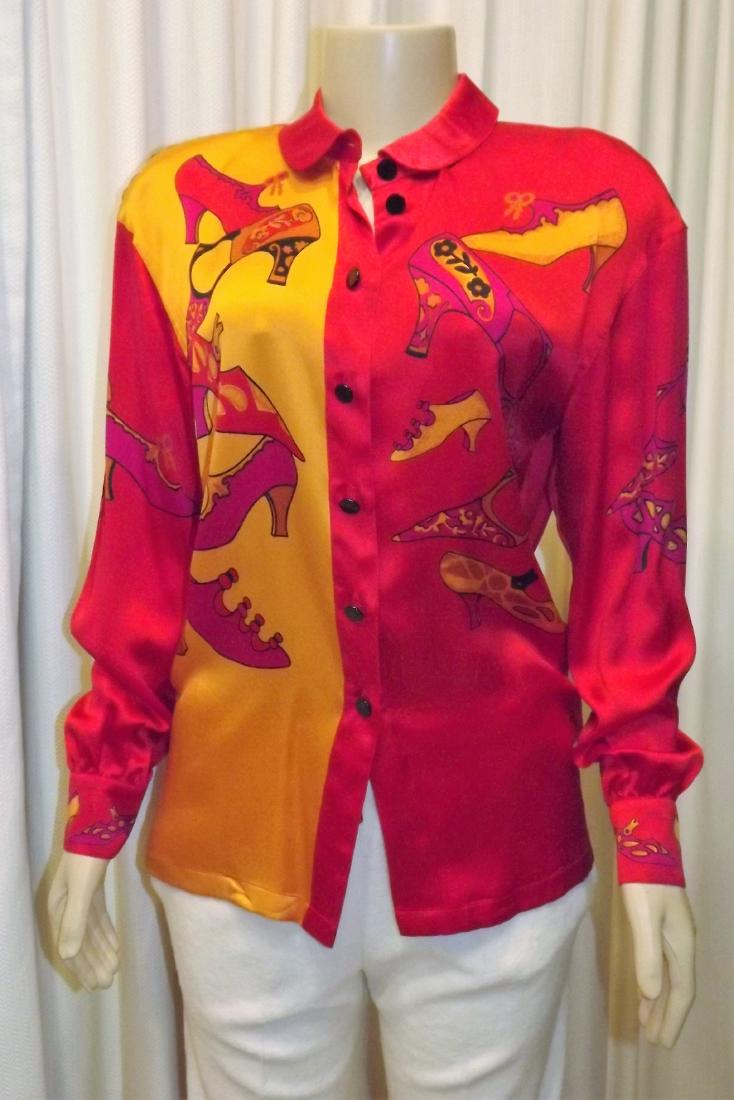 Escada 100% Silk Blouse, Red and Gold Tones with Shoe (1 of 2)