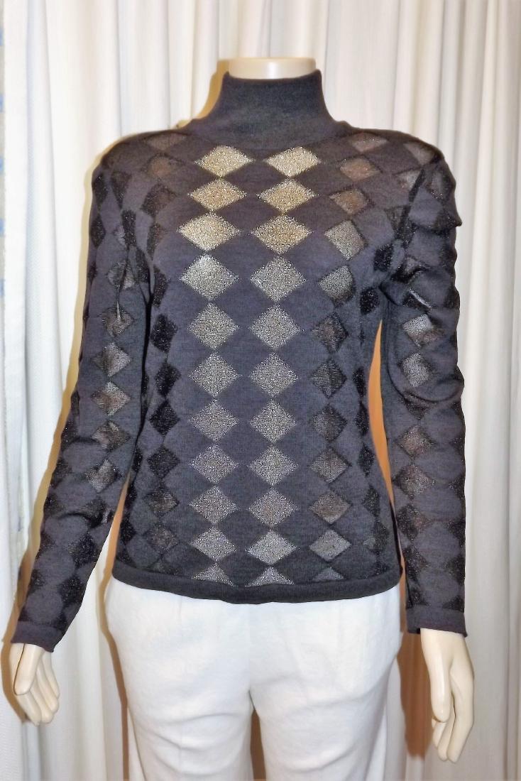 Escada Black Sheer Argyle with Metallic Gray Panels,: Escada Black Sheer Argyle with Metallic Gray Panels, Size 38, 80% Wool, 15% Cupro, 5% Poly