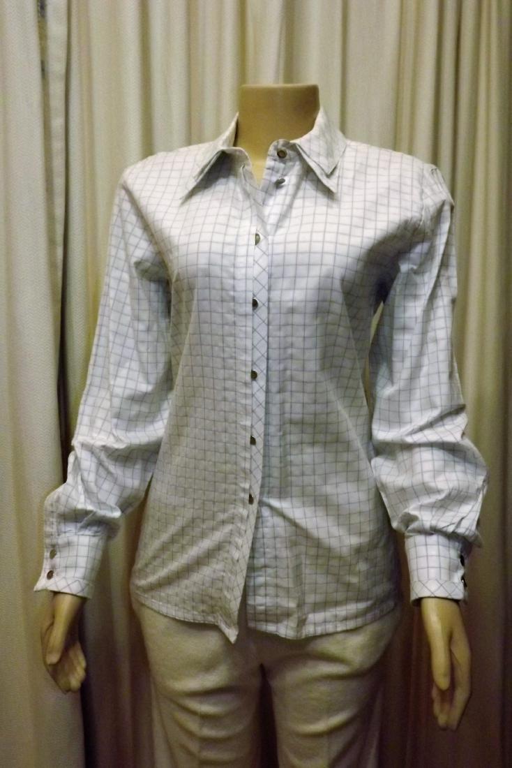 Escada Blouse, Grid Pattern Button Down, Size 38: Escada Blouse, Grid Pattern Button Down, Size 38