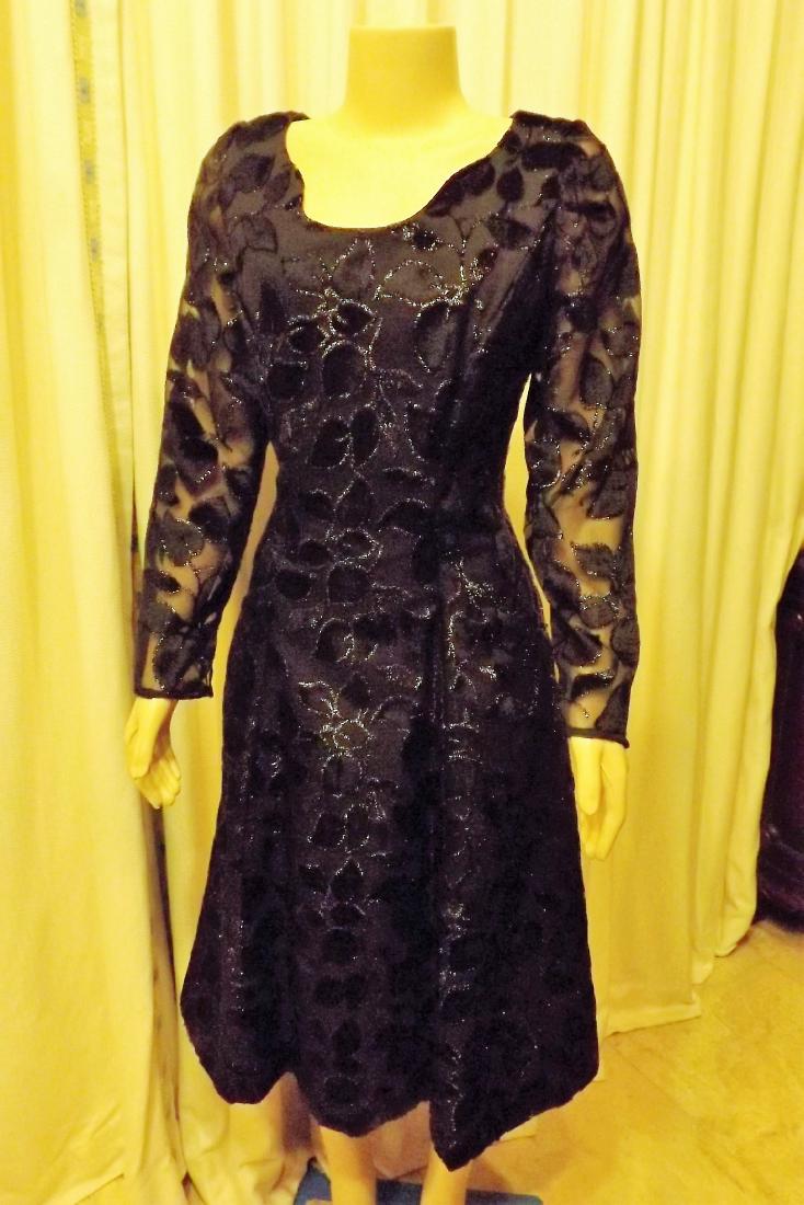 Bill Blass for Maurice Rintner 100% Rayon, Sheer: Bill Blass for Maurice Rintner 100% Rayon, Sheer Sleeved Dress with Metalic Vine Motif, Size 10