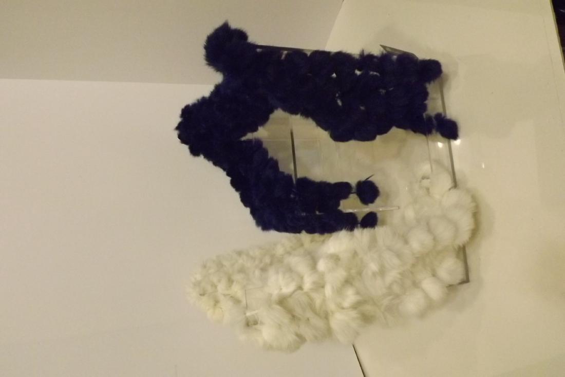 Two Rabbit Fur Ball Scarves, One Blue, One White: Two Rabbit Fur Ball Scarves, One Blue, One White