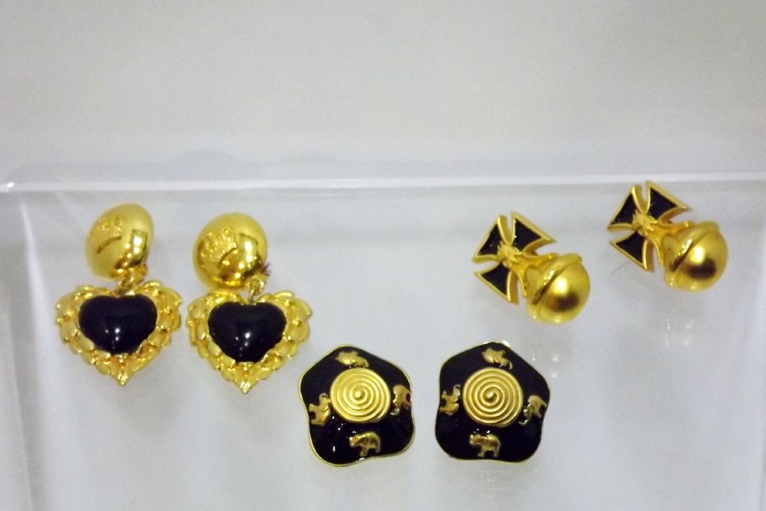 Marked "ACP" Orb and Cross Earrings, Unmarked Crown and: Marked "ACP" Orb and Cross Earrings, Unmarked Crown and Heart Earrings, Escada Elephant all with Black Enamel