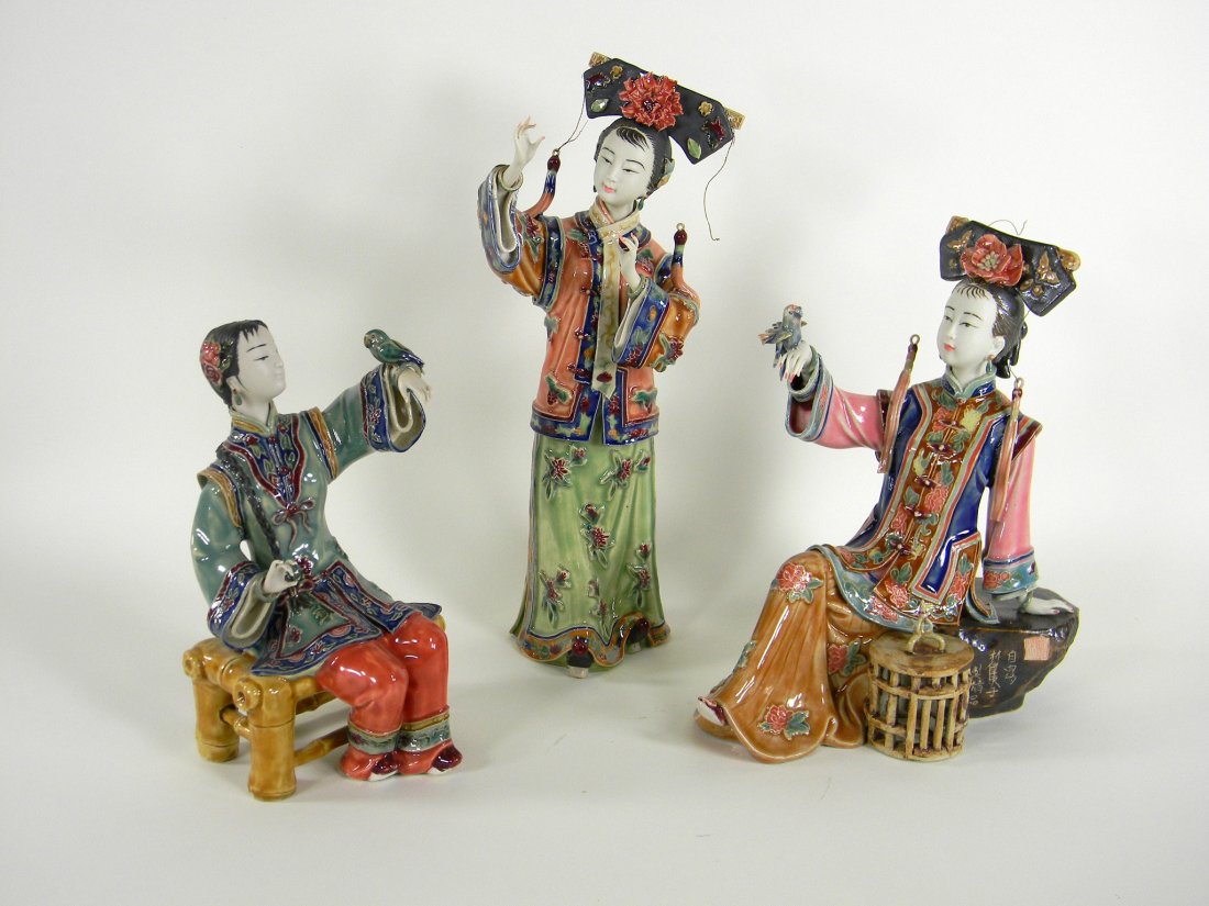 Set of 3 Chinese Earthenware Maidens. Standing lady: Set of 3 Chinese Earthenware Maidens. Standing lady (12.5") missing left pinky finger.