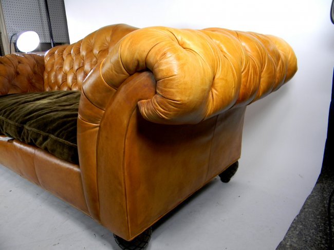 Large Camel Back, Button Tufted Caramel Leather Sofa - 2