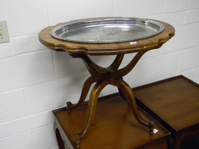 Silver-plate Gallery Tray with fitted custom oak table: Silver-plate Gallery Tray with fitted custom oak table base. 22" h x 25.5" w x 20.5" d.
