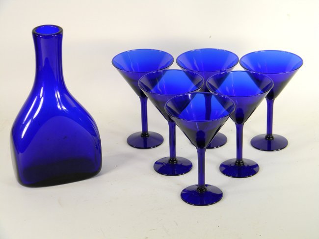 6 Cobalt Blue Martini Glasses (6.75") and Carafe: 6 Cobalt Blue Martini Glasses (6.75") and Carafe (11.5").
