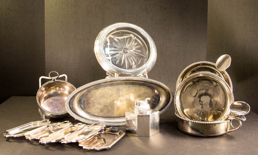 Plated Ashtrays from the 21 Club in New York, Sterling: Plated Ashtrays from the 21 Club in New York, Sterling Silver Rimmed Bottle Coaster engraved, Sterling Lighter and Silver Plated Tray