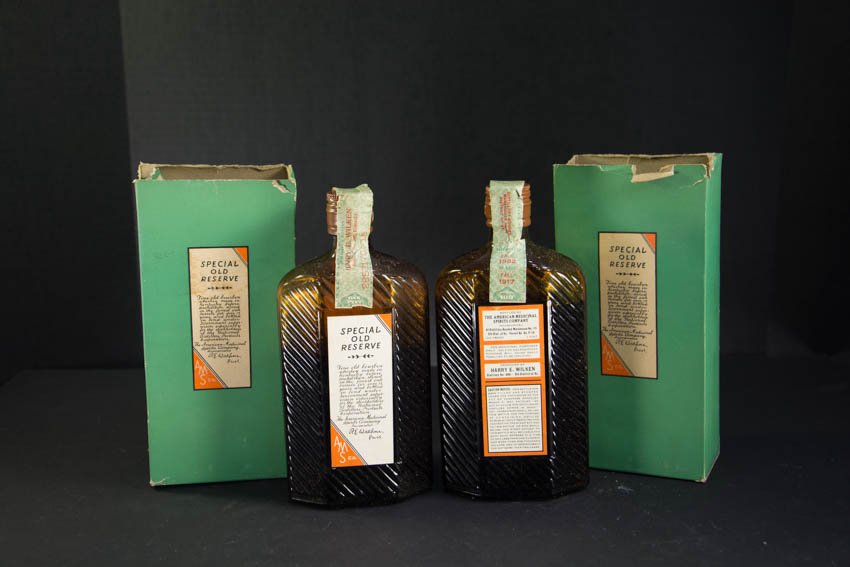 Two Pint Bottles of Prohibition Era Bourbon: Two Pint Bottles of Prohibition Era Bourbon, American Medicinal Spirits Company, Kentucky, Produced in 1917, Bottled in 1932