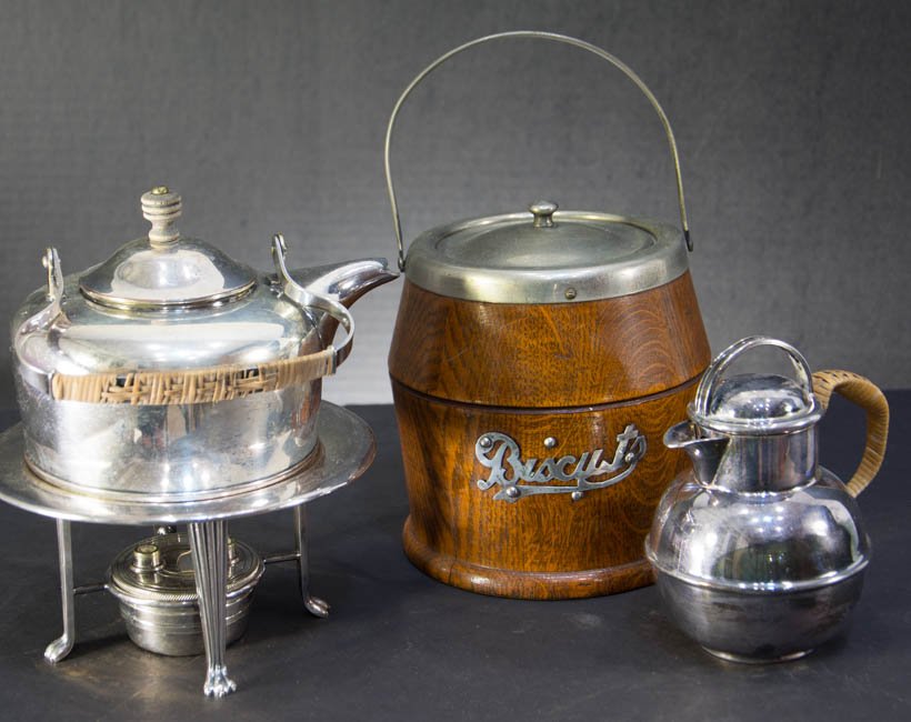 Kettle on Stand, Wooden Ice Bucket, Silver Plate (1 of 1)