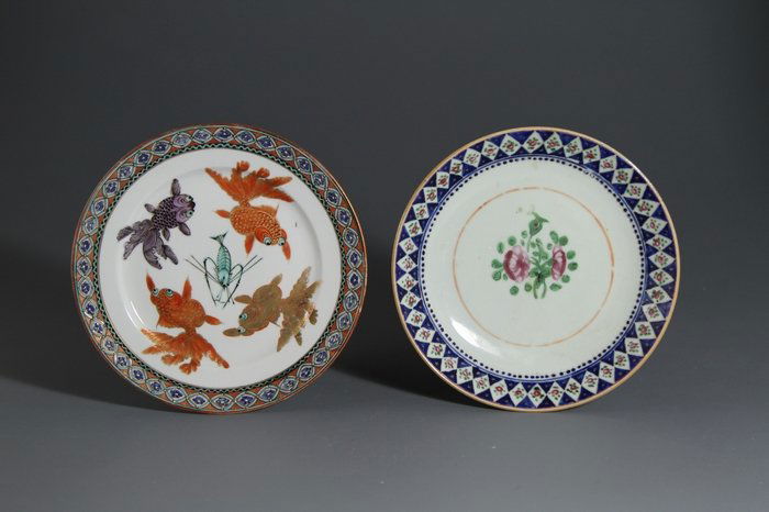 Famille Rose Porcelain Dish with Fish & Shrimp Design: 粉彩清末金鱼和花草纹盘一对 Minguo period H:2cm;D:22cm