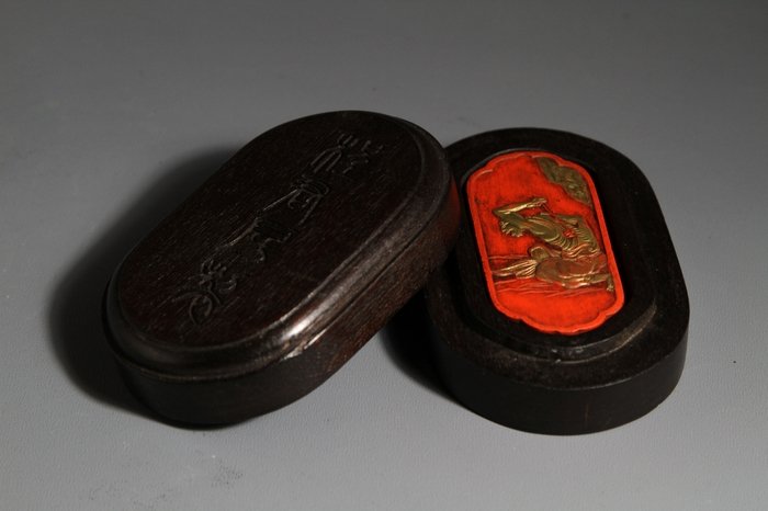Cinnabar Ink-stick With Ming Make With Wood Box: 大明程君房制驱邪朱砂墨（带墨盒）L:11cm; W:7cm; H:3.3cm