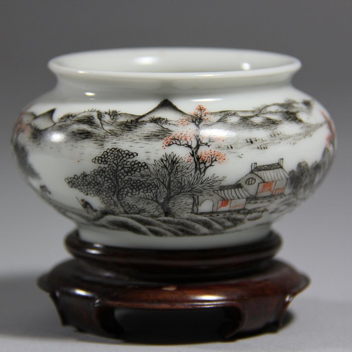 MinGuo Long Mark China Ink Printing Porcelain Censer: MinGuo Long Mark China Ink Printing Porcelain Censer Painted Landscape with Wooden Stand / 民国墨彩山水纹龙款香炉带木ò
