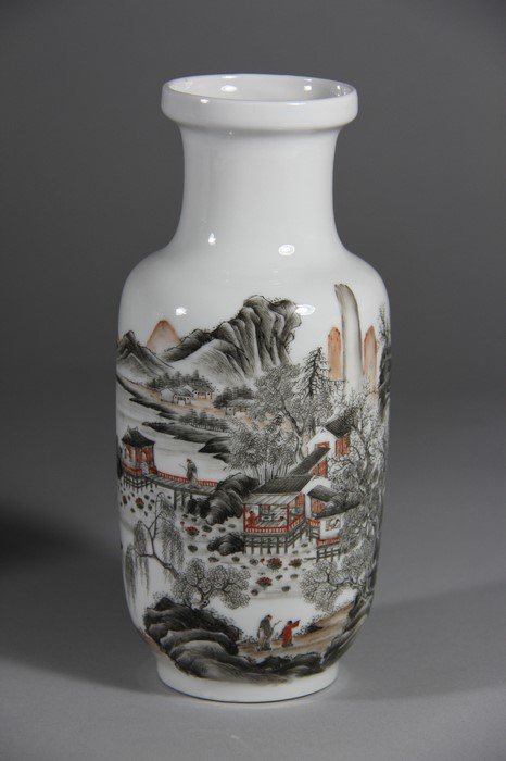 Ink Printing Rouleau Vase MinGuo Period: MinGuo HaiShanQianGuanJiaCang Mark Ink Printing Rouleau Vase / 民国海山仟馆家藏款墨彩山水纹棒槌瓶 
