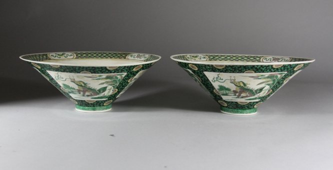 A PAIR OF EARLY QING PERIOD SANCAI 'QILIN' PORCELAIN BO: A Pair Of Early Qing Period Sancai 'Qilin' Porcelain Bowls 清早期素三彩开光麒麟纹斗笠碗一对 D: 23.5cm; H