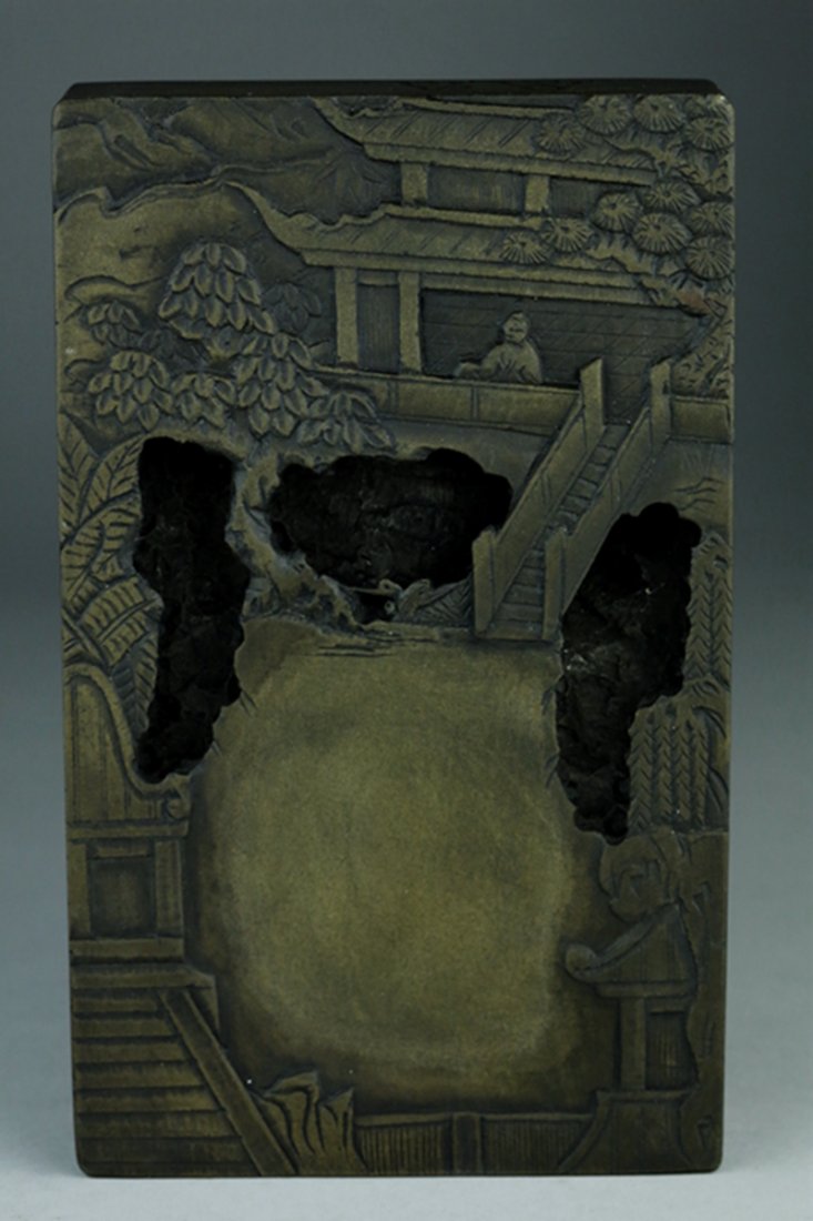 AN INSCRIBED 'ORCHID PAVILION' DUAN INKSTONE: Late Qing/Republic. Inscribed orchid pavilion duan inkstone. 清末民初 兰亭序图文绿端砚台 W: 20.8X12.5cm; H: 3.6cm. Similar