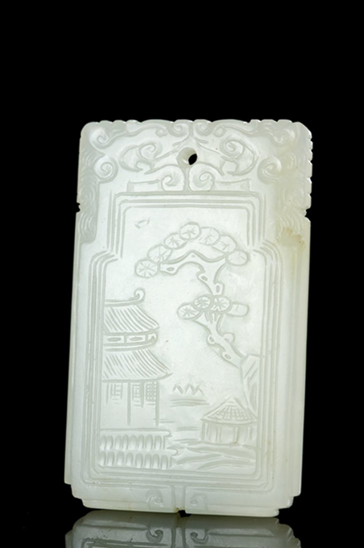 A WHITE JADE RECTANGULAR PENDANT PLAQUE: Qing period. It is carved on one side with landscape, and on the reverse with an inscription \'ming yue qing feng yi di zhong\' and follow two-character seal, wen wan, all below lingzhi clouds at the 