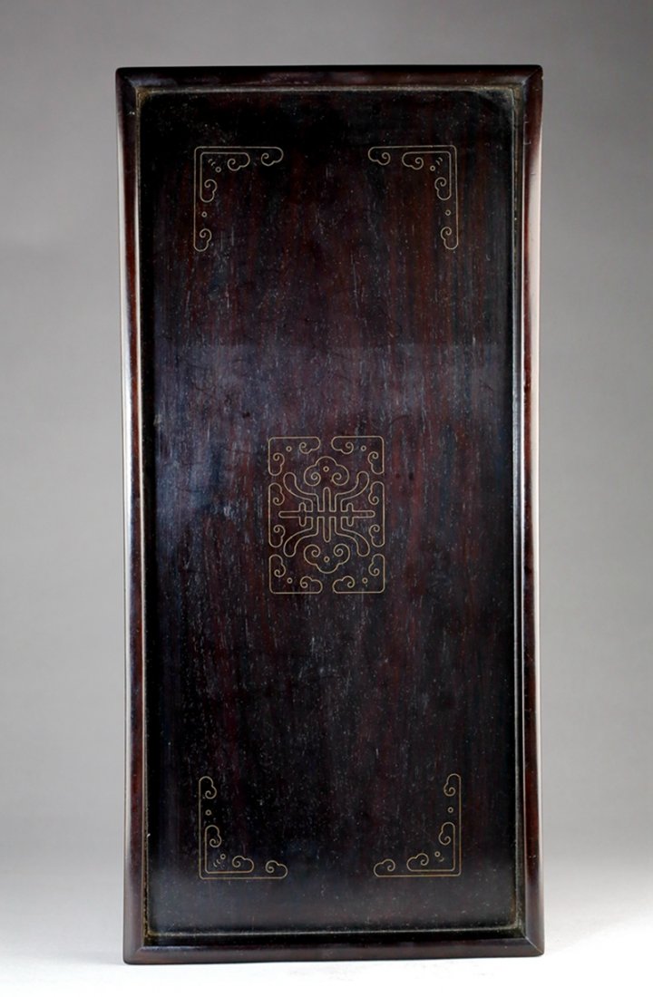 CHINESE ZITAN OR BLACKWOOD TRAY: Republic Period, Chinese Zitan or blackwood tray with decorative gold motifs on front. 民初 紫檀/酸枝 盘 L: 48.5cm; W: 23cm.