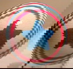 75199 BB Marbles: Tom Thornburgh Circus Ball: CONTEMPORARY HANDMADE, Tom Thornburgh. Handmade, handpainted china. Circus Ball. White background. Blue star on either pole. Red and blue lines around equator. Nicely made. Unsigned. 1-1/4". Mint (9.9