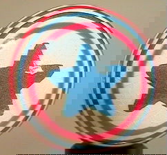 75239 BB Marbles: Tom Thornburgh Circus Ball: CONTEMPORARY HANDMADE, Tom Thornburgh. Handmade, handpainted china. Circus Ball. White background. Blue star on either pole. Red and blue lines around equator. Nicely made. Unsigned. 1-3/16". Mint (9.