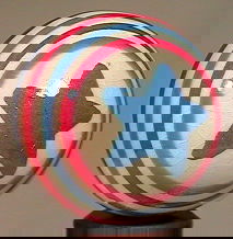 77120 BB Marbles: Tom Thornburgh Circus Ball: CONTEMPORARY HANDMADE, Tom Thornburgh. Handmade, handpainted china. Circus Ball. White background. Blue star on either pole. Red and blue lines around equator. Nicely made. Unsigned. 1-3/16". Mint (9.