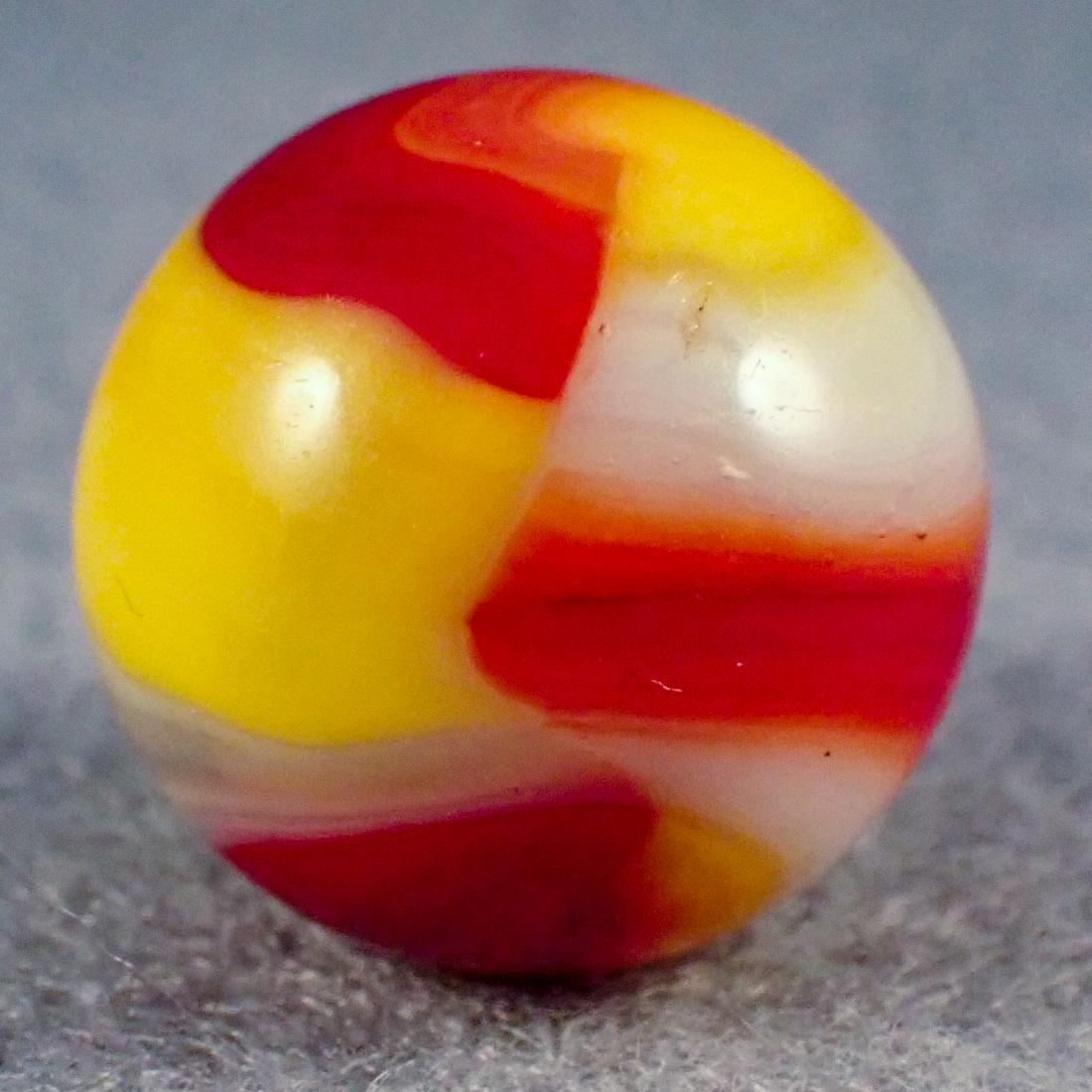 MARBLES. PELTIER GLASS COMPANY, National Line Rainbo: PELTIER GLASS COMPANY, National Line Rainbo. Six-ribbon three-color National Line Rainbo Ketchup & Mustard. Beauty. Three red ribbons and yellow ribbons ribbons on white. Ottawa IL, circa 1925-1935. 2
