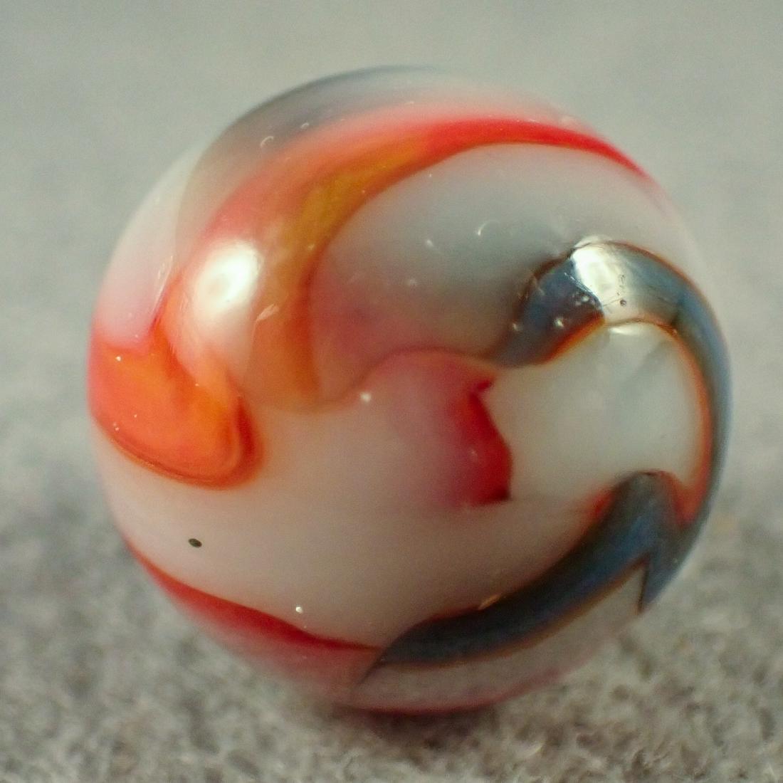 Marbles. PELTIER GLASS COMPANY, National Line Rainbo.: PELTIER GLASS COMPANY, National Line Rainbo. Eight-ribbon three-color National Line Rainbo Liberty. White base. Five light red bands, three blue bands. One of the blue bands has a red band on top of i